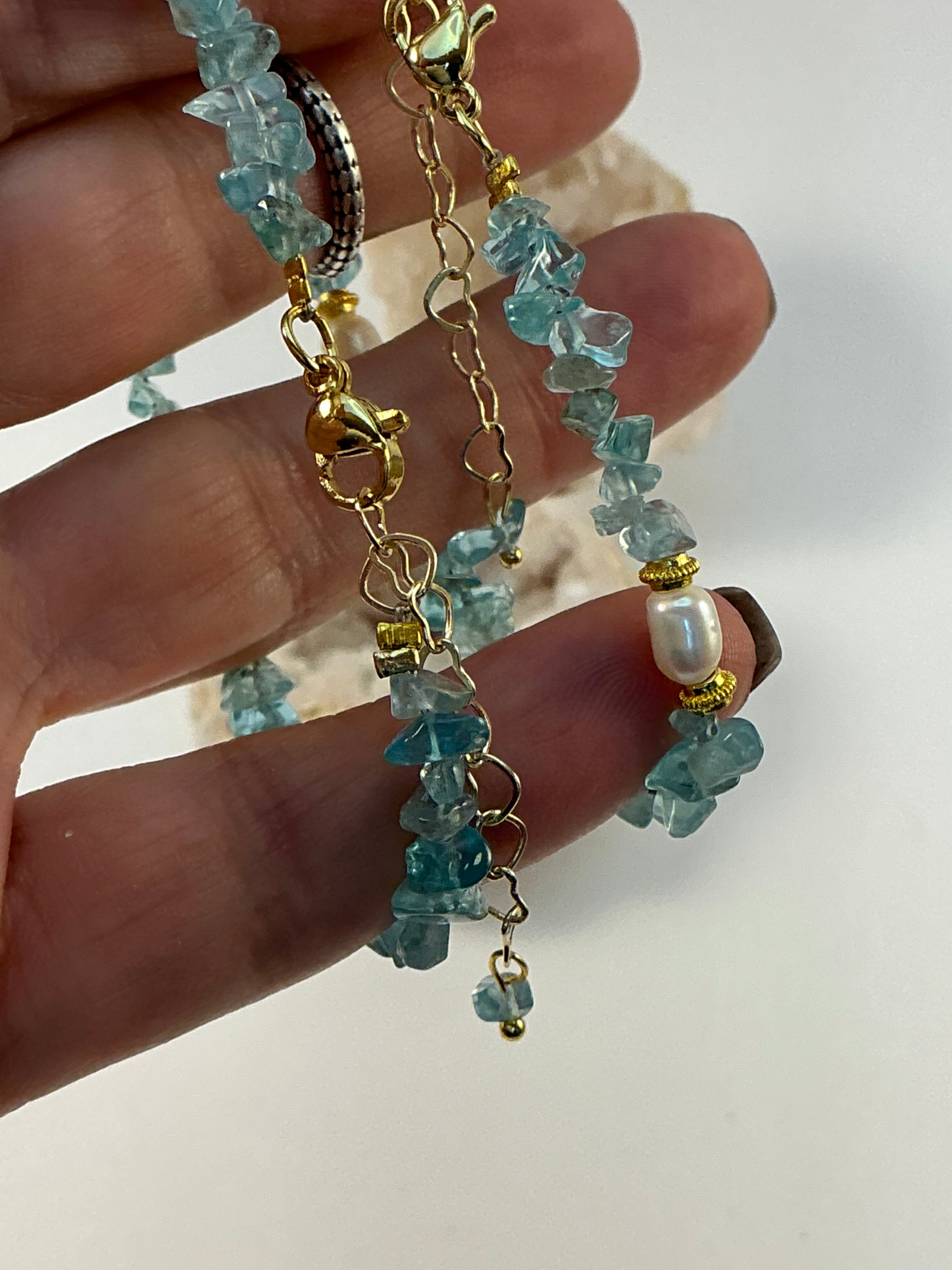 Aquamarine and Mother of Pearl Gemstone Chip Bracelet