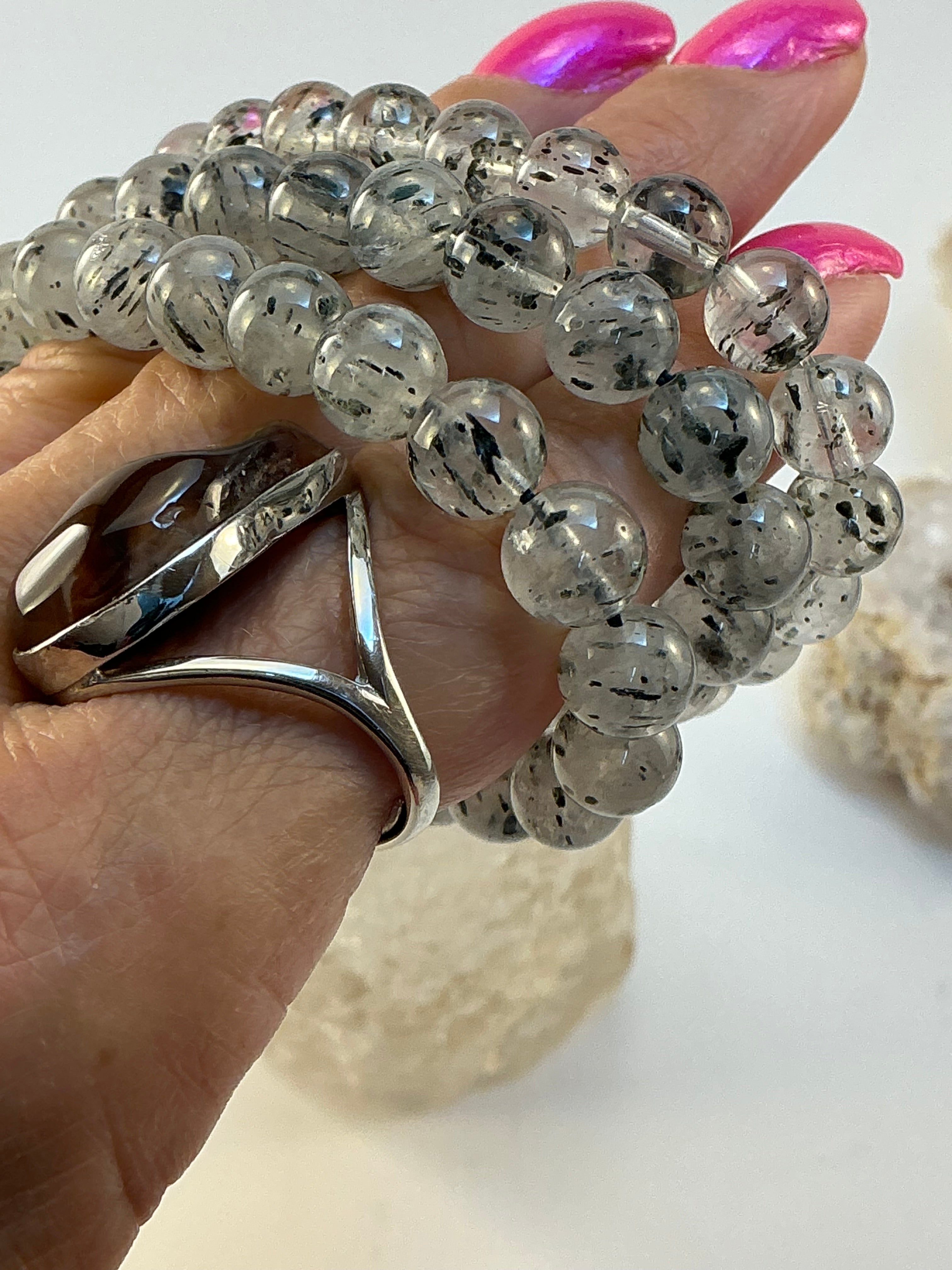 Mica in Quartz Beaded Bracelet/ 8mm Quartz with Mica Inclusions Bracelet