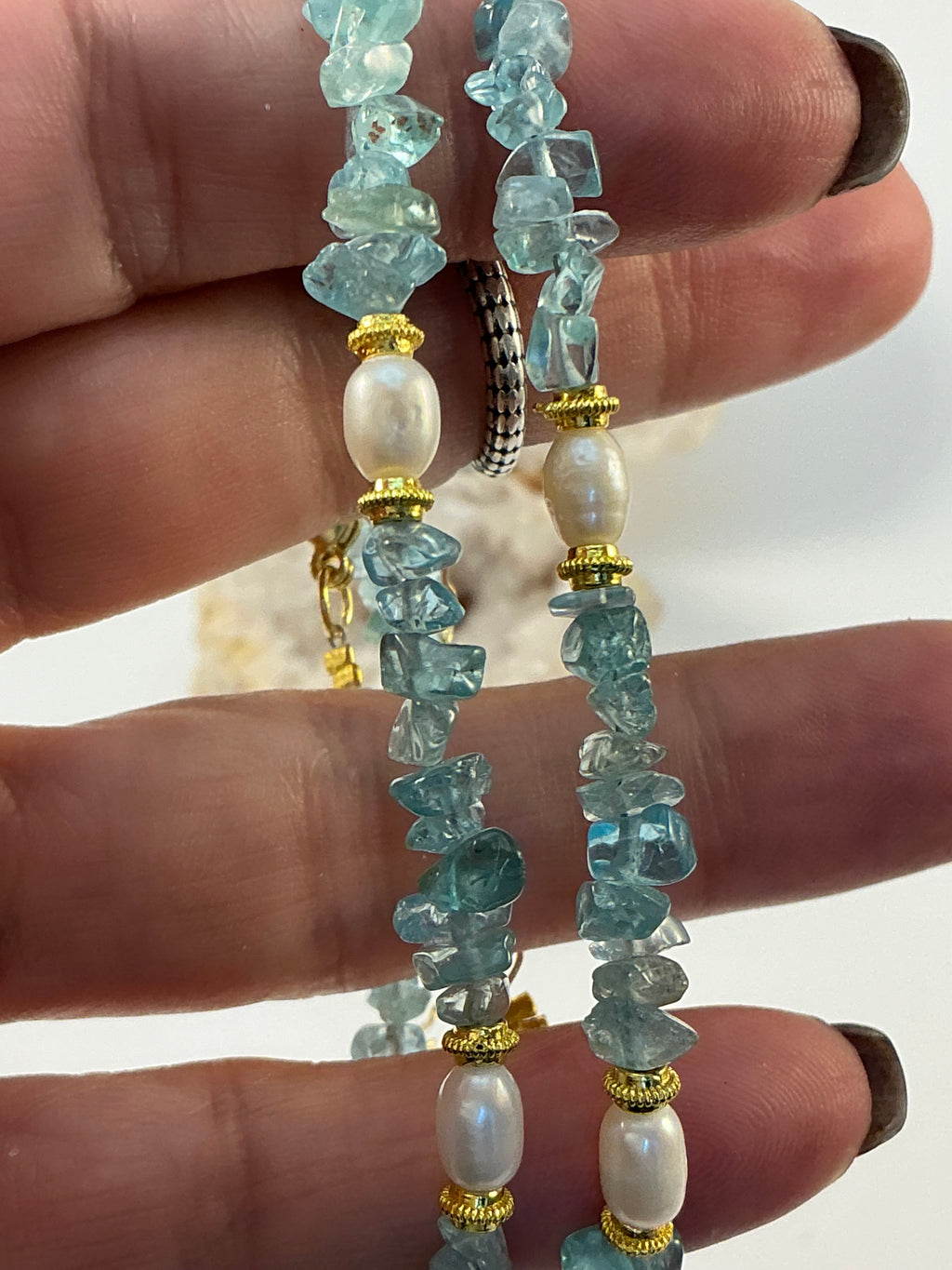 Aquamarine and Mother of Pearl Gemstone Chip Bracelet