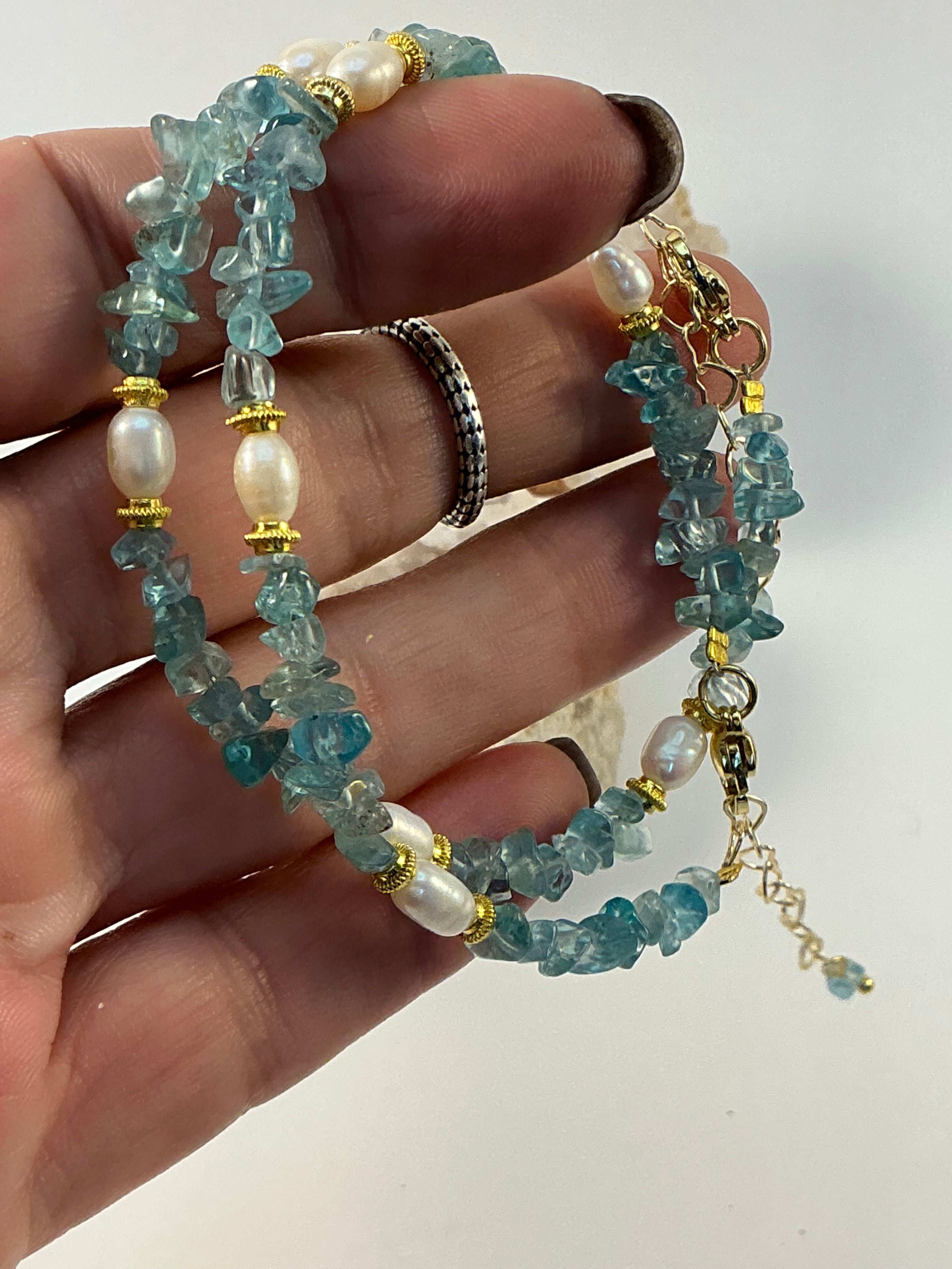 Aquamarine and Mother of Pearl Gemstone Chip Bracelet