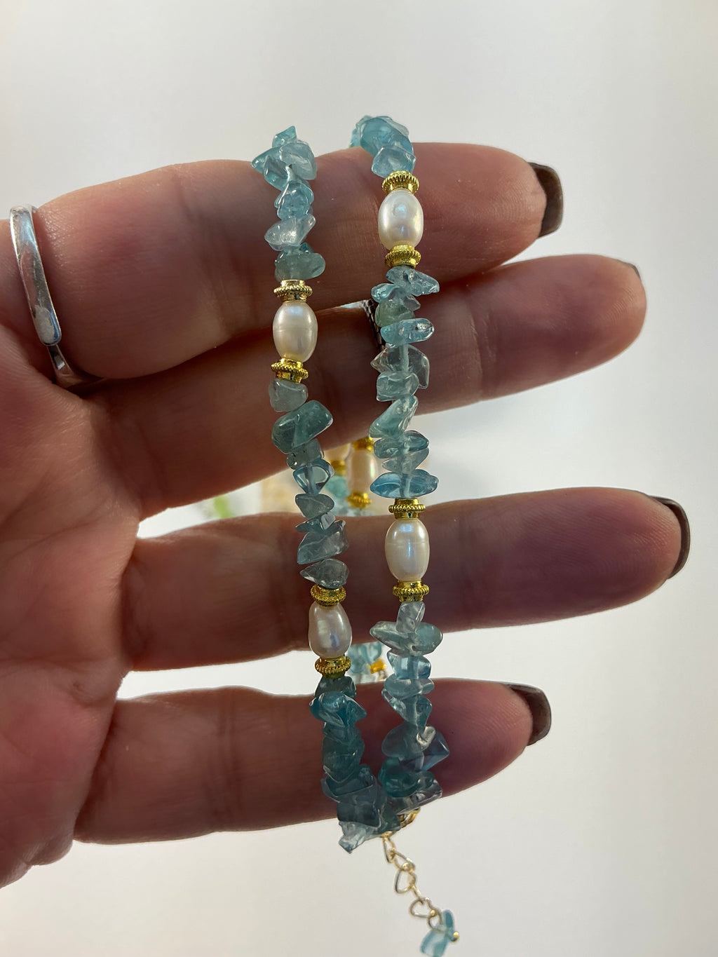 Aquamarine and Mother of Pearl Gemstone Chip Bracelet