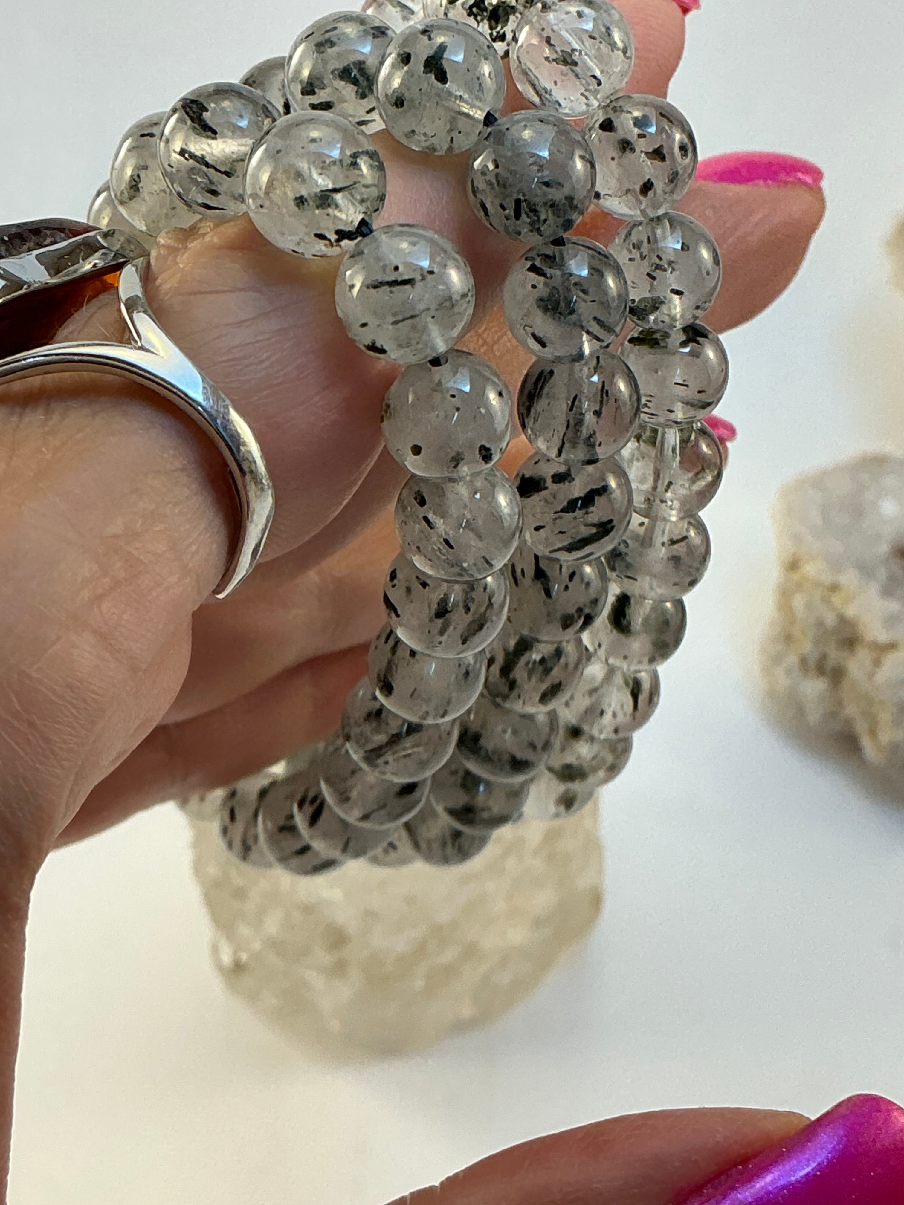 Mica in Quartz Beaded Bracelet/ 8mm Quartz with Mica Inclusions Bracelet