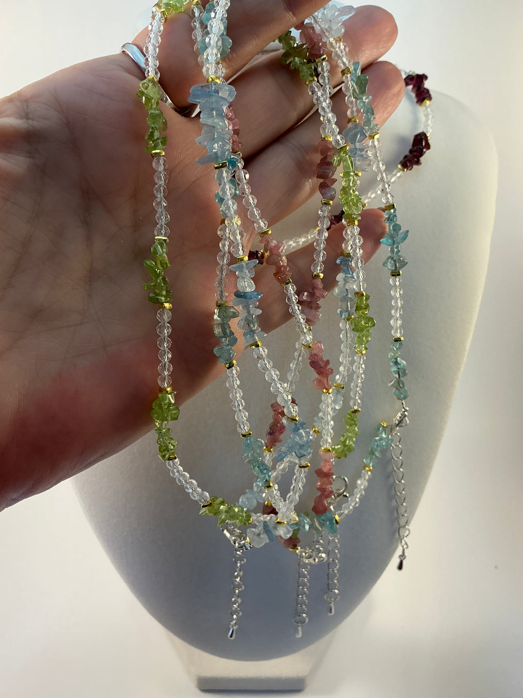 Clear Quartz with Tourmaline, Peridot, Garnet or Icy Apatite Chip Style Choker Necklace￼