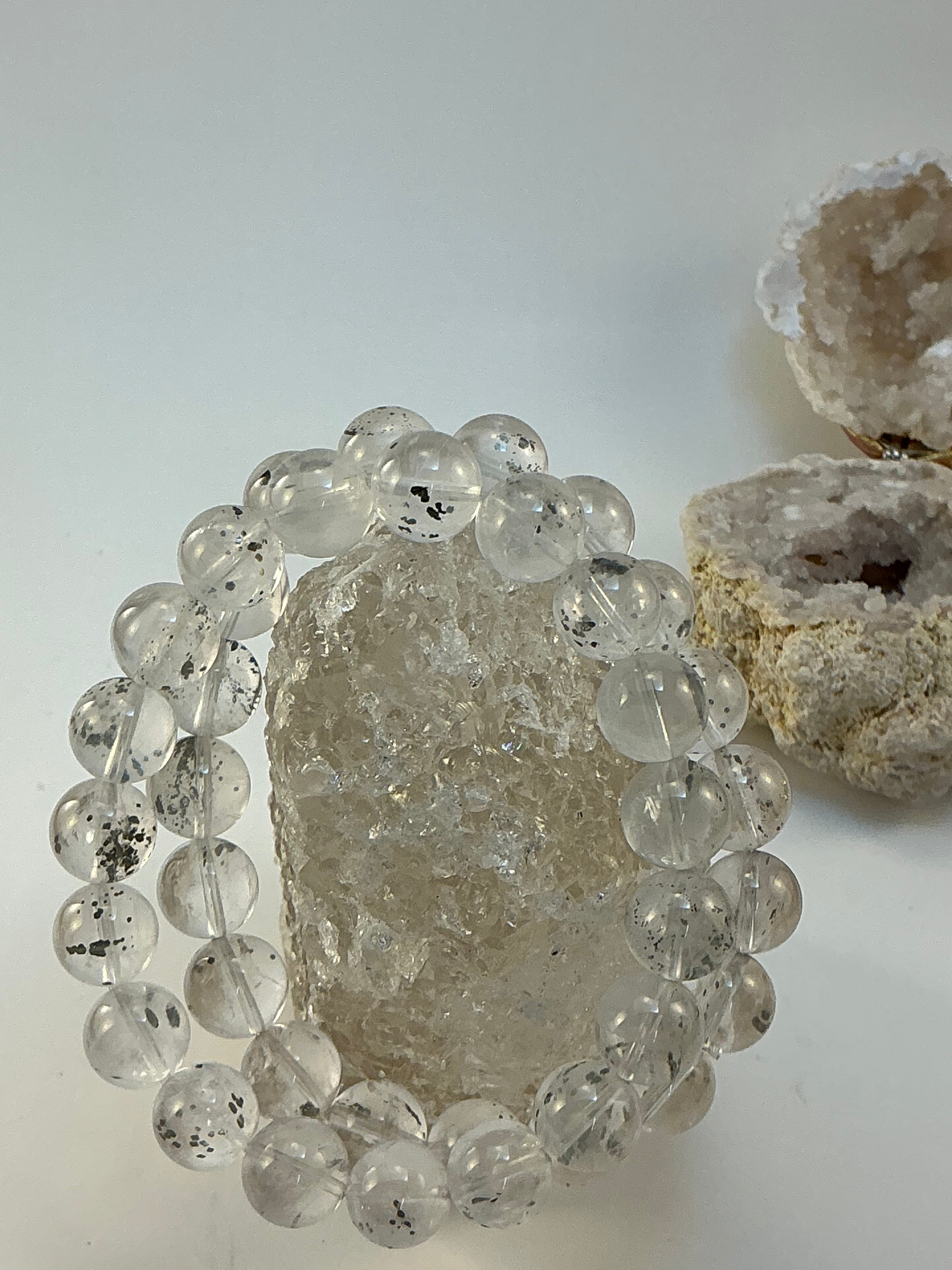Pyrite in Quartz 10.7mm Beaded Bracelet – High-Quality Natural Gemstone – Fits 7.5 Inch Wrist
