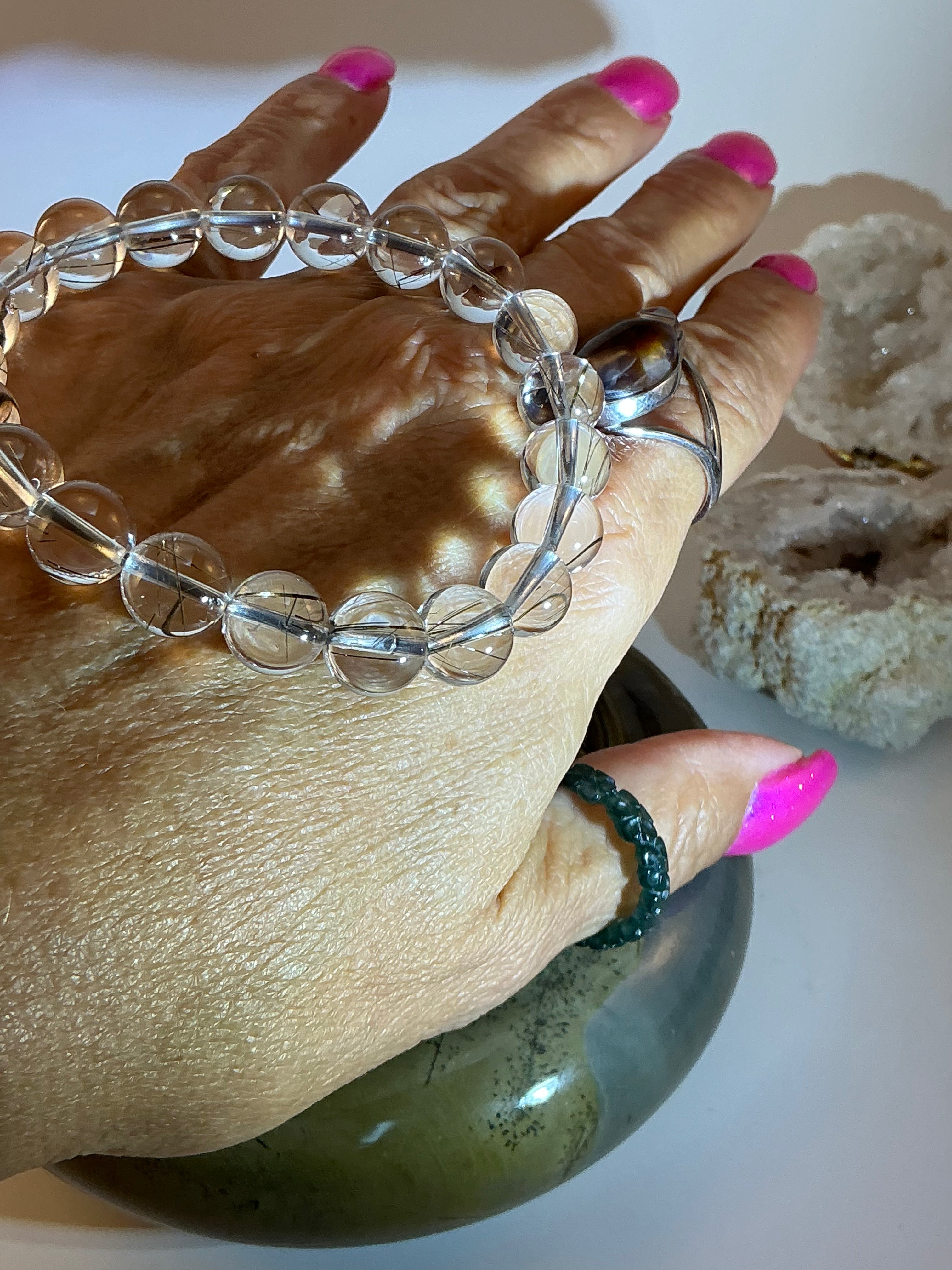 High-Quality Silver Rutile 9.5–9.8mm Beaded Bracelet – Natural Gemstone Jewelry