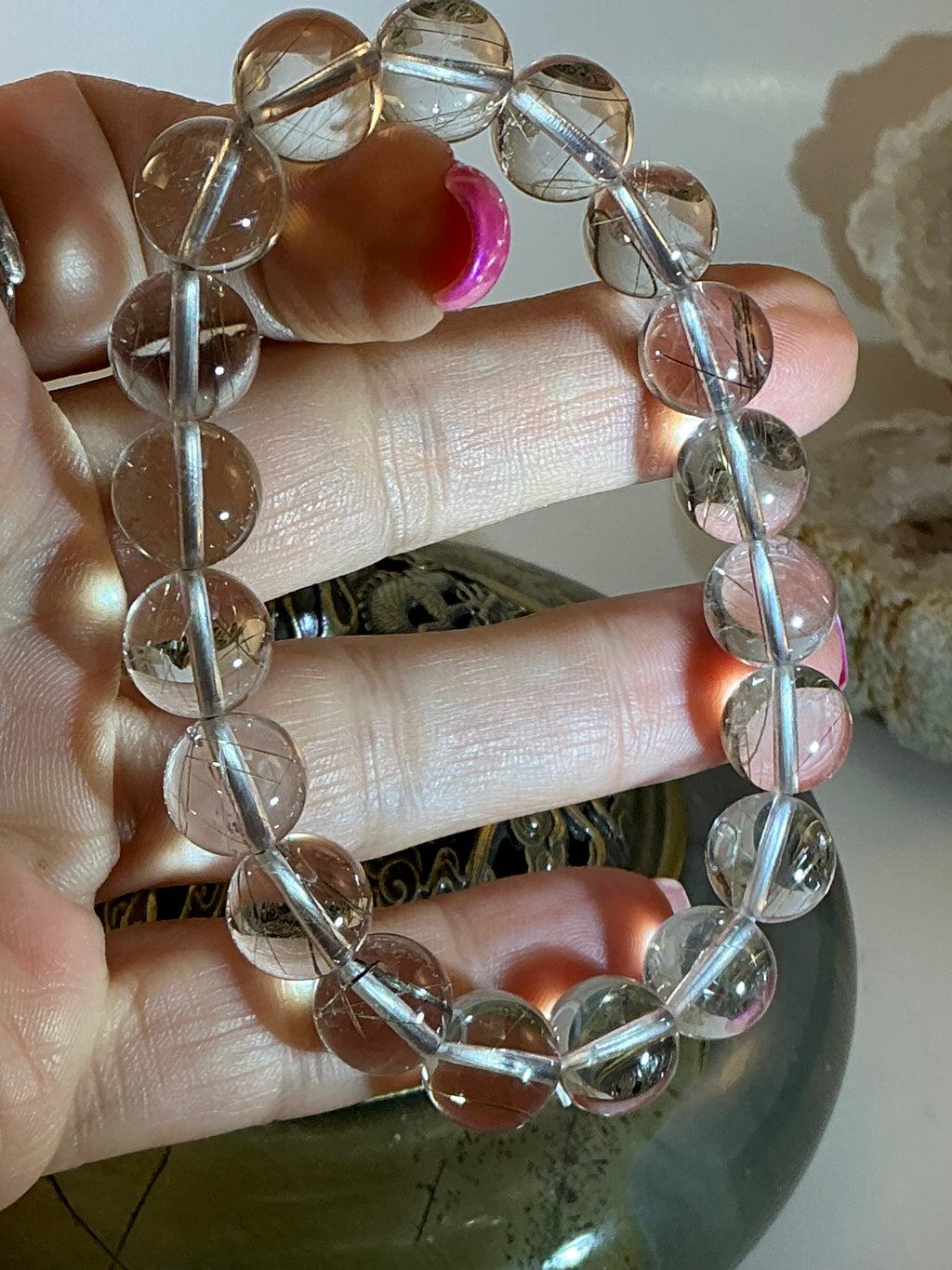Silver Rutile in Quartz Beaded Bracelet – 10.5mm Natural Gemstone – 7.75 Inch - Clarity & Energy Stone