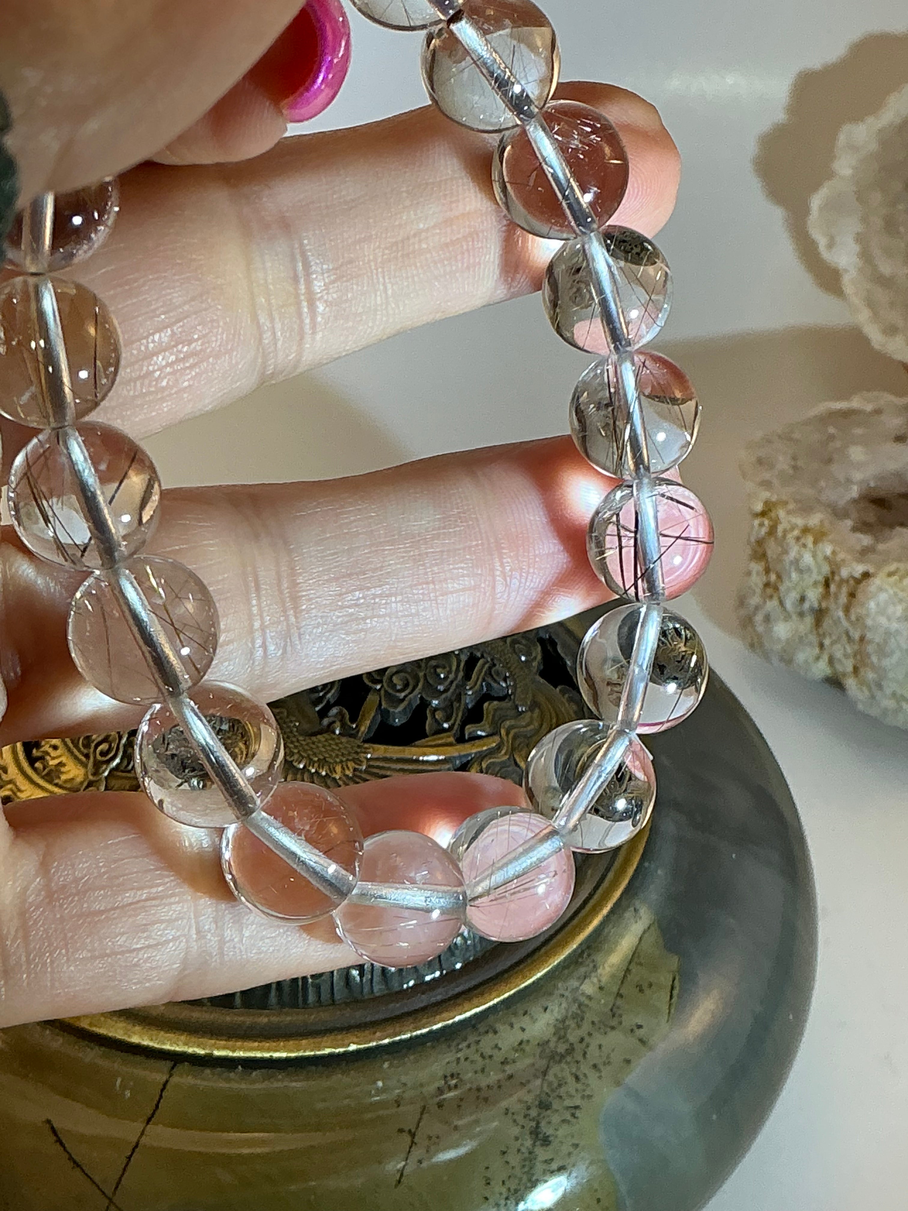 Silver Rutile in Quartz Beaded Bracelet – 10.5mm Natural Gemstone – 7.75 Inch - Clarity & Energy Stone