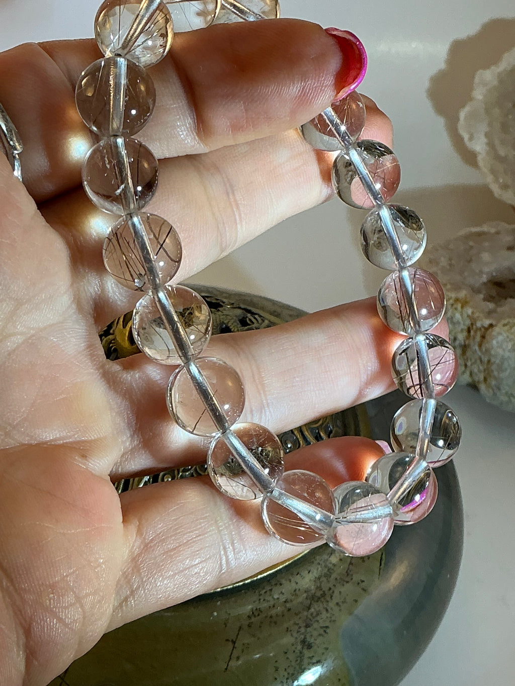 Silver Rutile in Quartz Beaded Bracelet – 10.5mm Natural Gemstone – 7.75 Inch - Clarity & Energy Stone