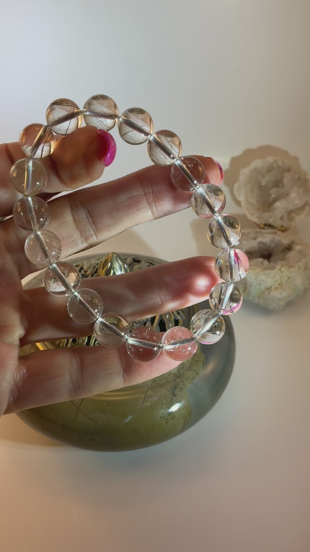 Silver Rutile in Quartz Beaded Bracelet – 10.5mm Natural Gemstone – 7.75 Inch - Clarity & Energy Stone